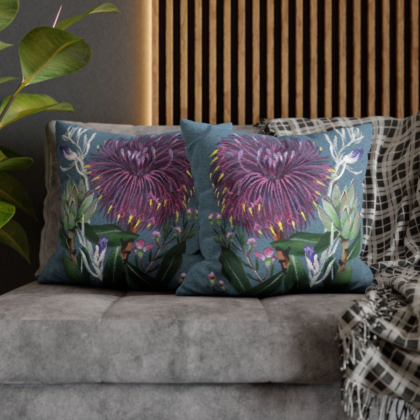 Australian Cone Flower with Emu Bush Flora Print Faux Suede Square Pillow Case