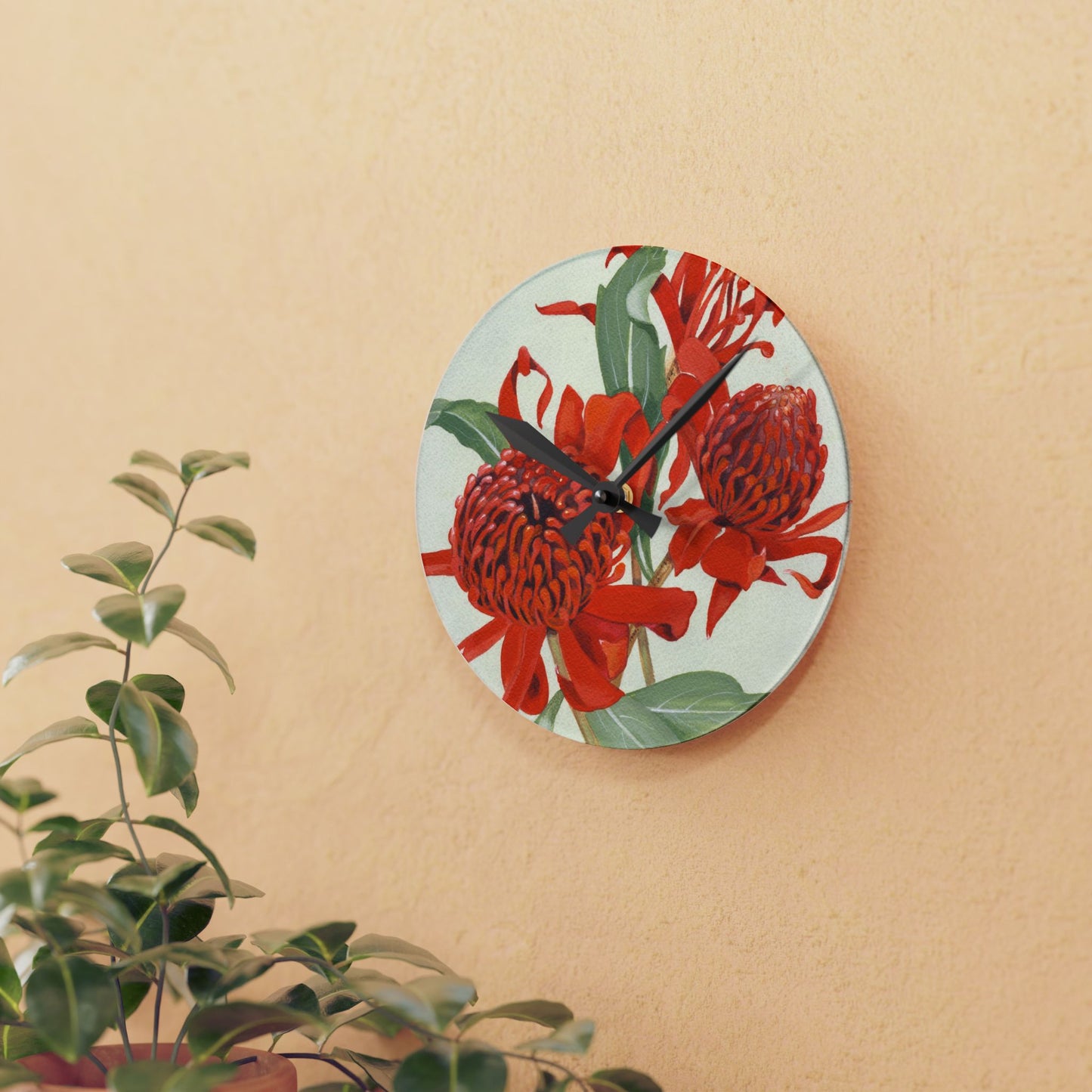 Australian (NSW) Waratah Flora Print Acrylic Wall Clock