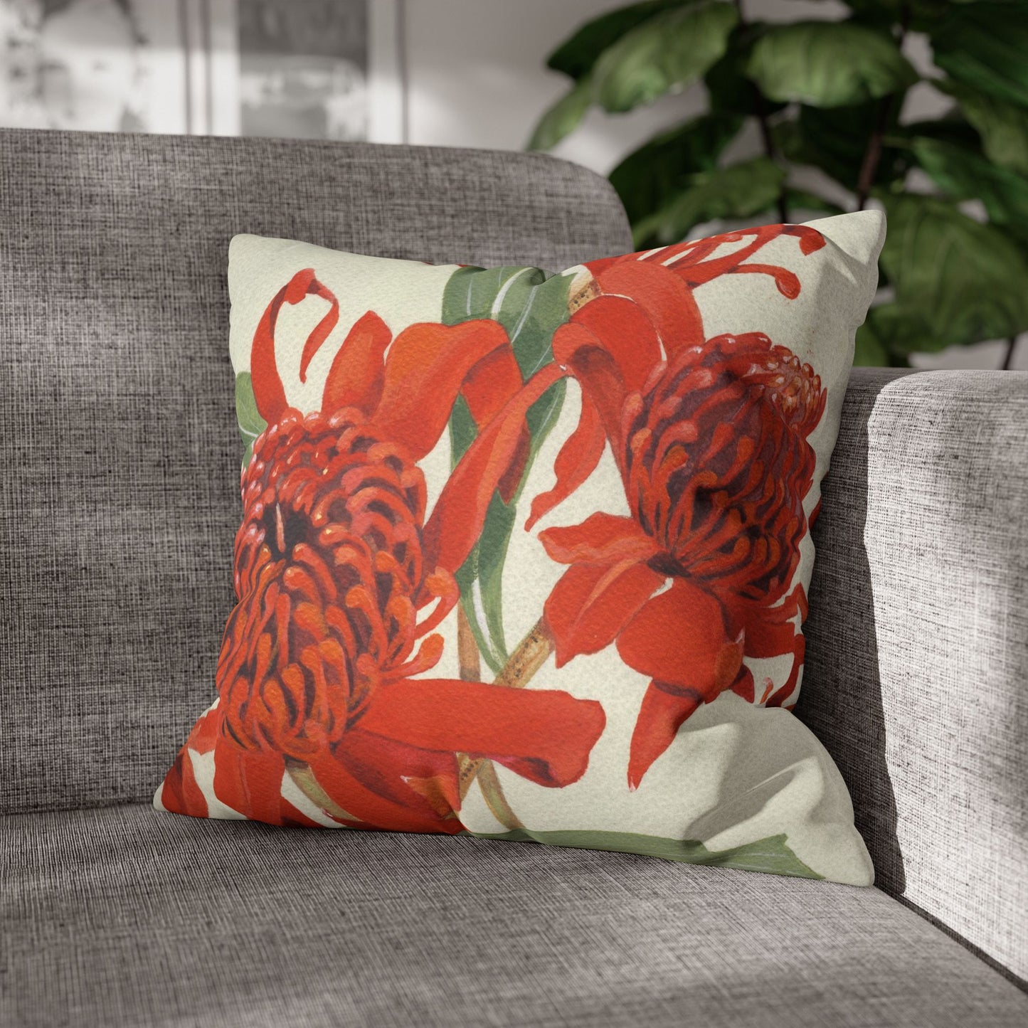 Australian (NSW) Waratah Flora Print Faux Suede Square Pillow Case