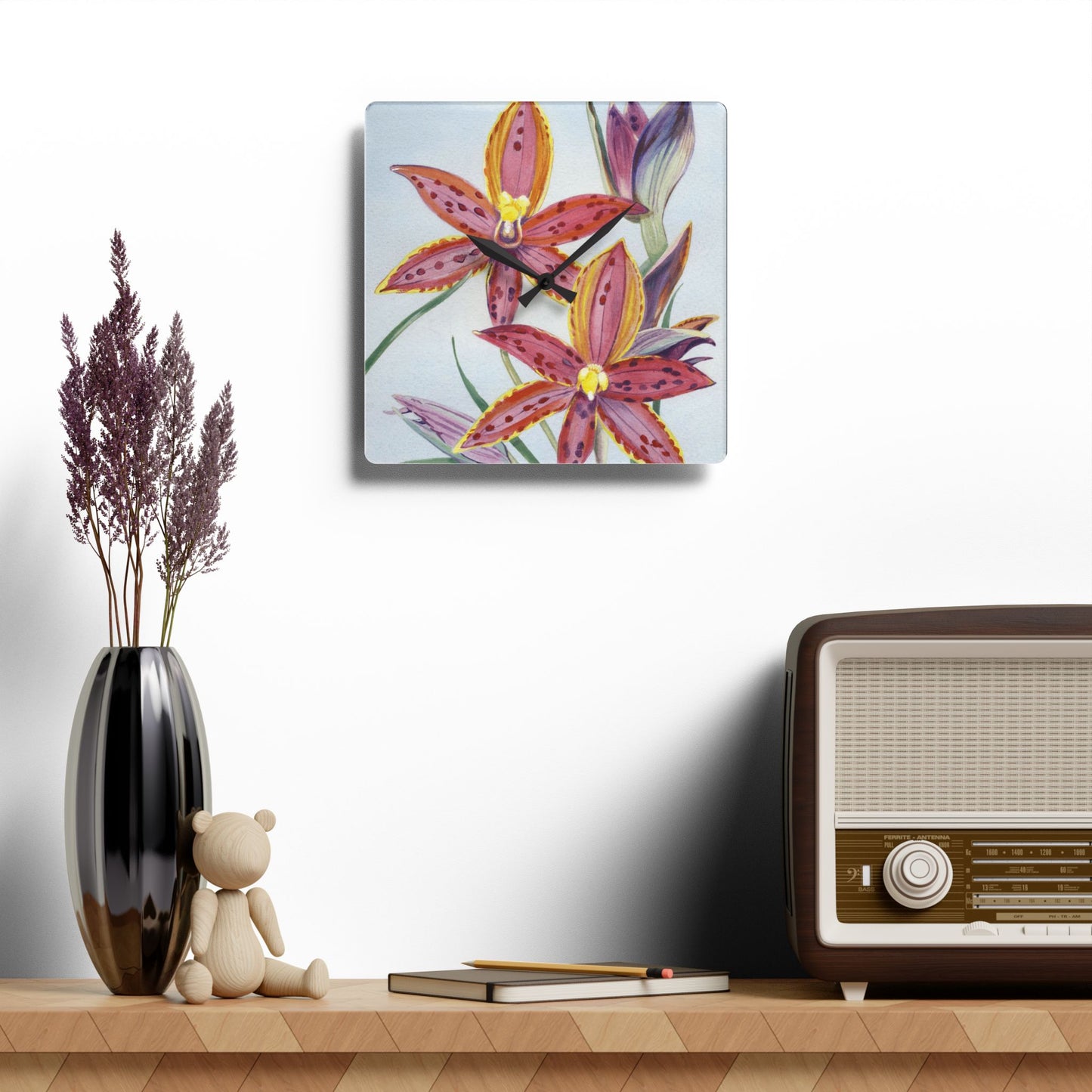 Australian (WA) Queen Of Sheba Orchid Print Acrylic Wall Clock