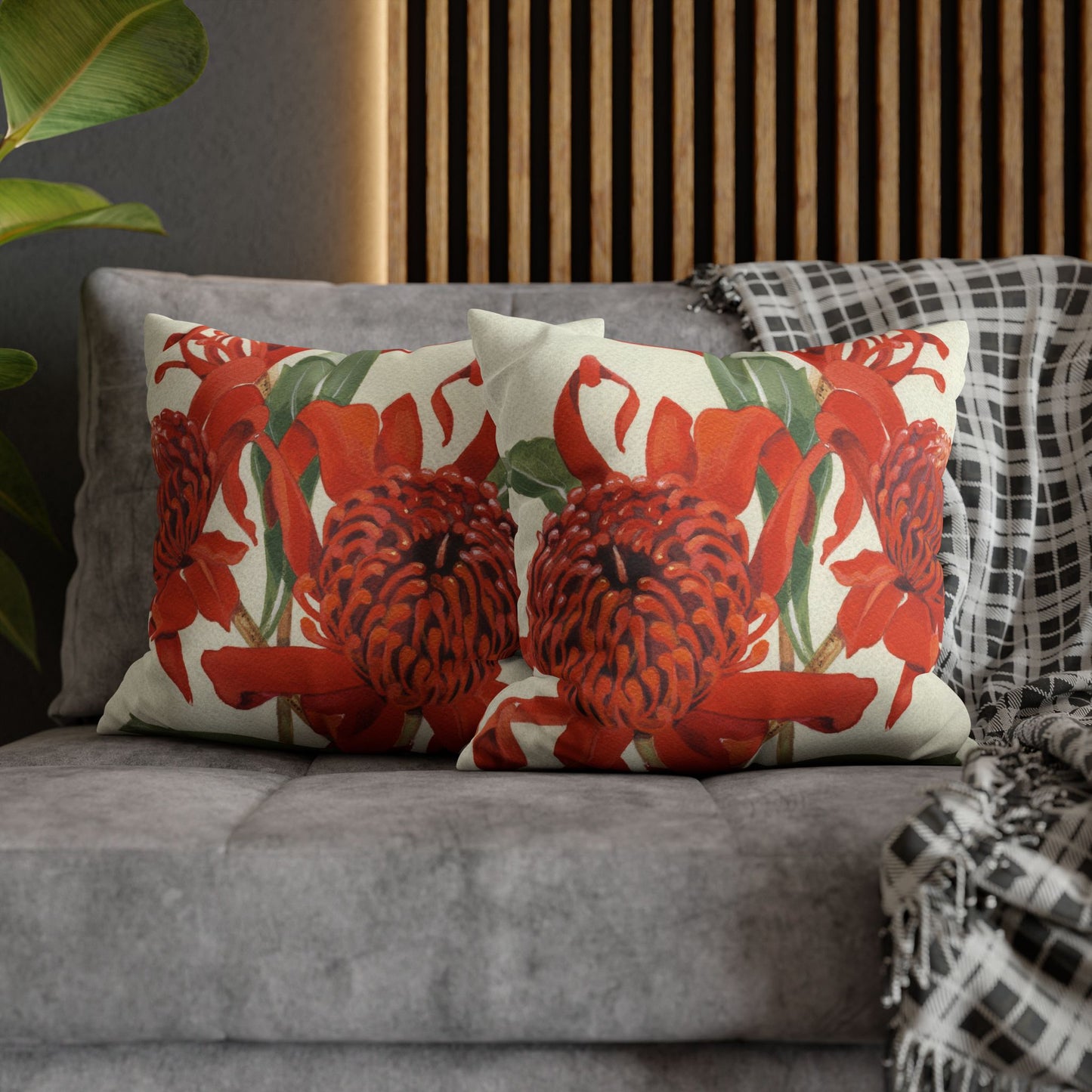 Australian (NSW) Waratah Flora Print Faux Suede Square Pillow Case