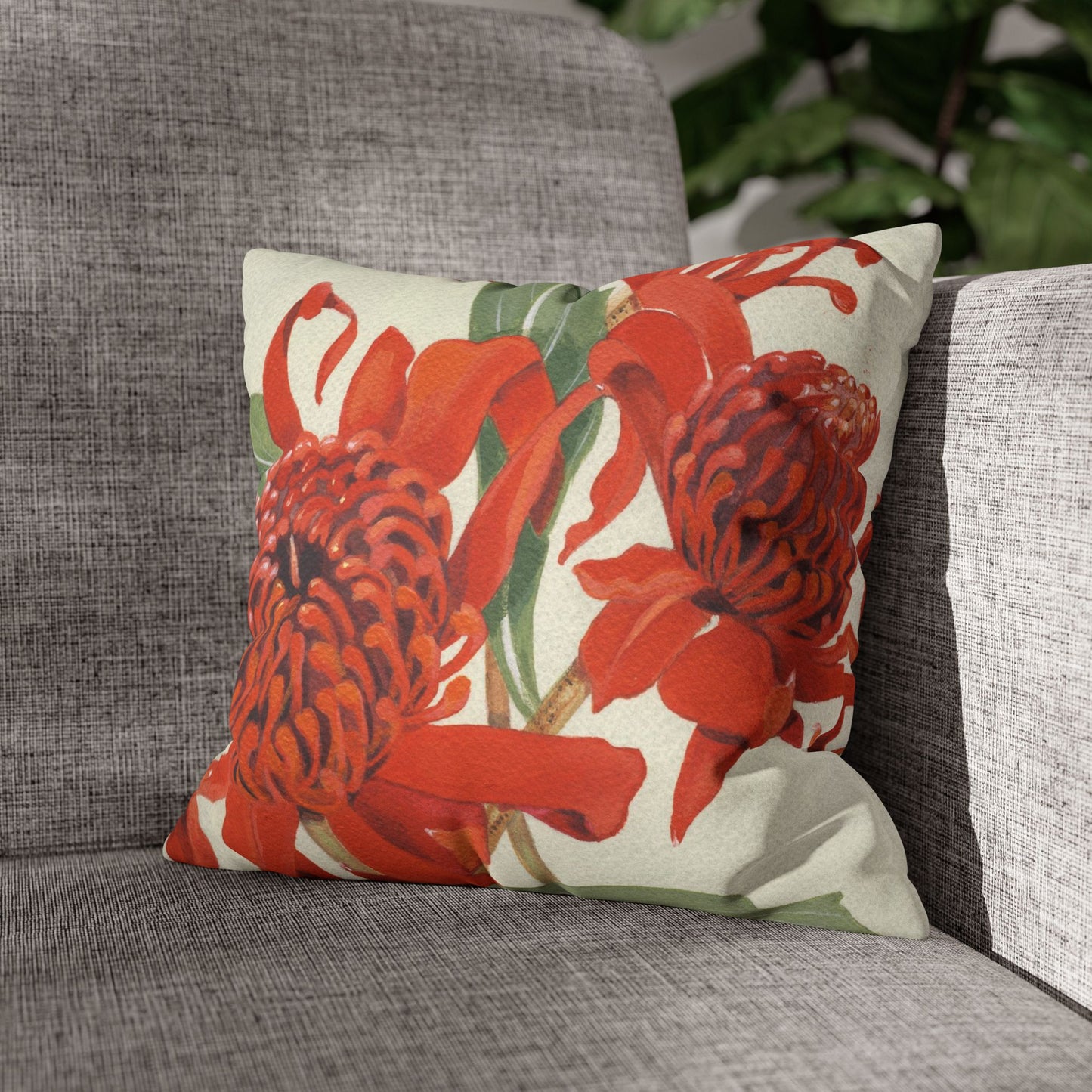 Australian (NSW) Waratah Flora Print Faux Suede Square Pillow Case