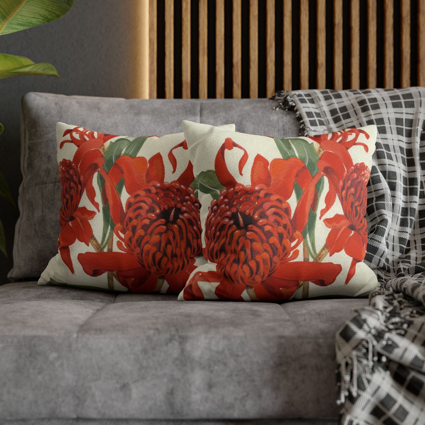 Australian (NSW) Waratah Flora Print Faux Suede Square Pillow Case