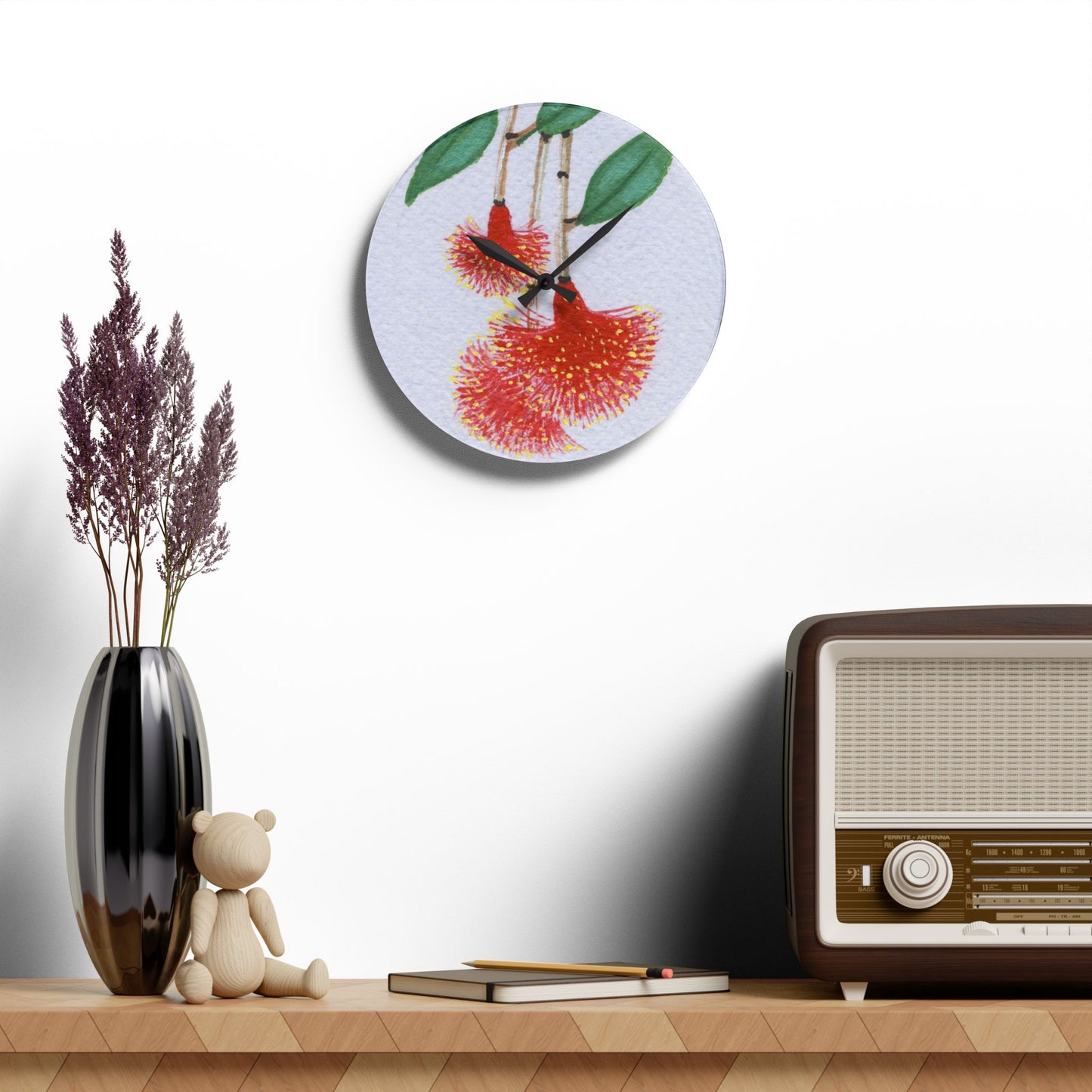 Australian Powder Puff Lilly-Pilly Flora Print Acrylic Wall Clock