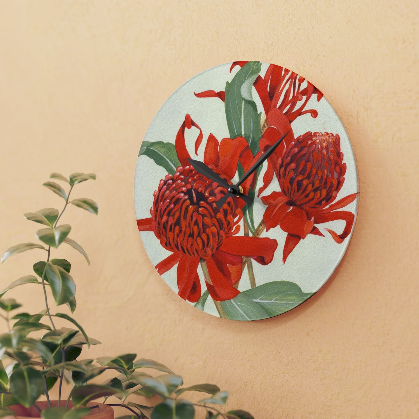 Australian (NSW) Waratah Flora Print Acrylic Wall Clock