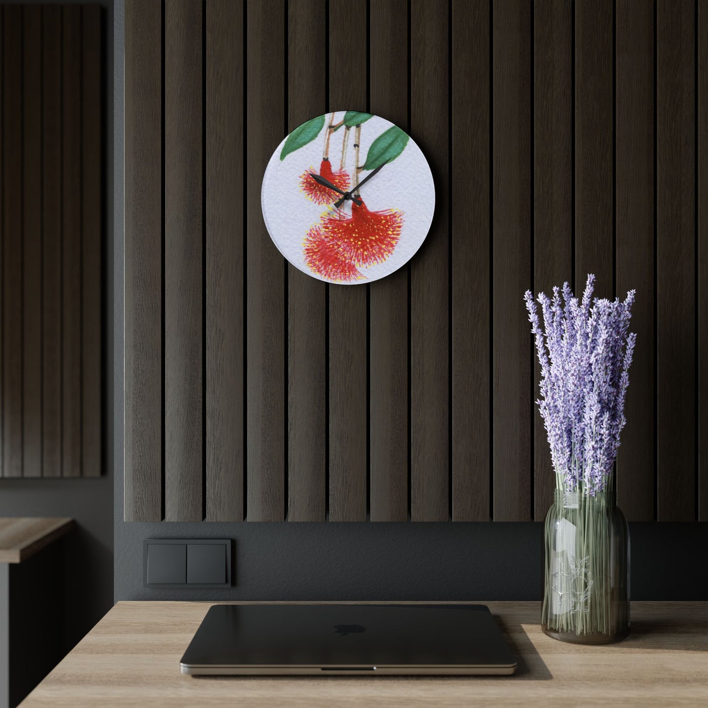 Australian Powder Puff Lilly-Pilly Flora Print Acrylic Wall Clock