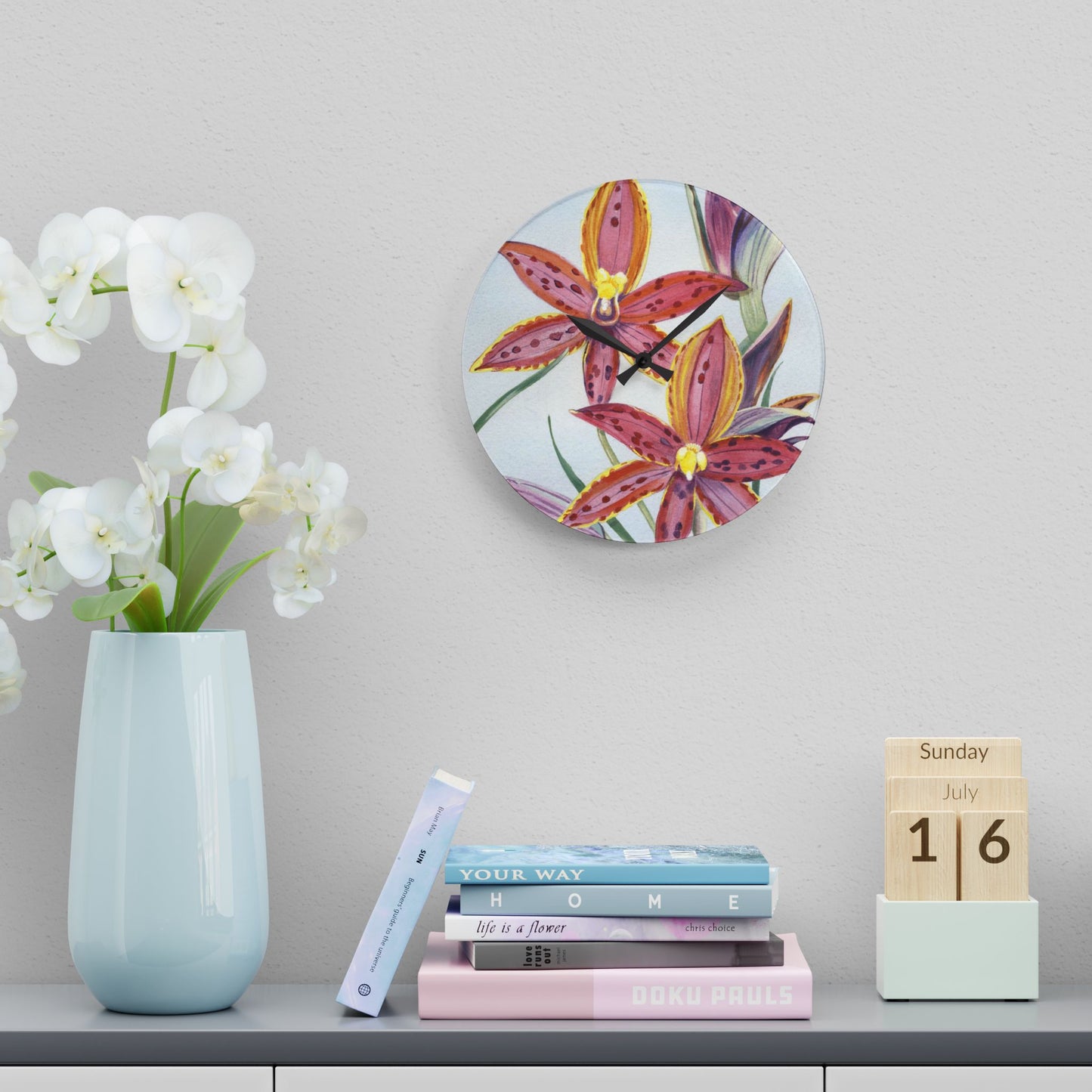 Australian (WA) Queen Of Sheba Orchid Print Acrylic Wall Clock