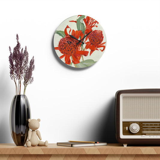 Australian (NSW) Waratah Flora Print Acrylic Wall Clock